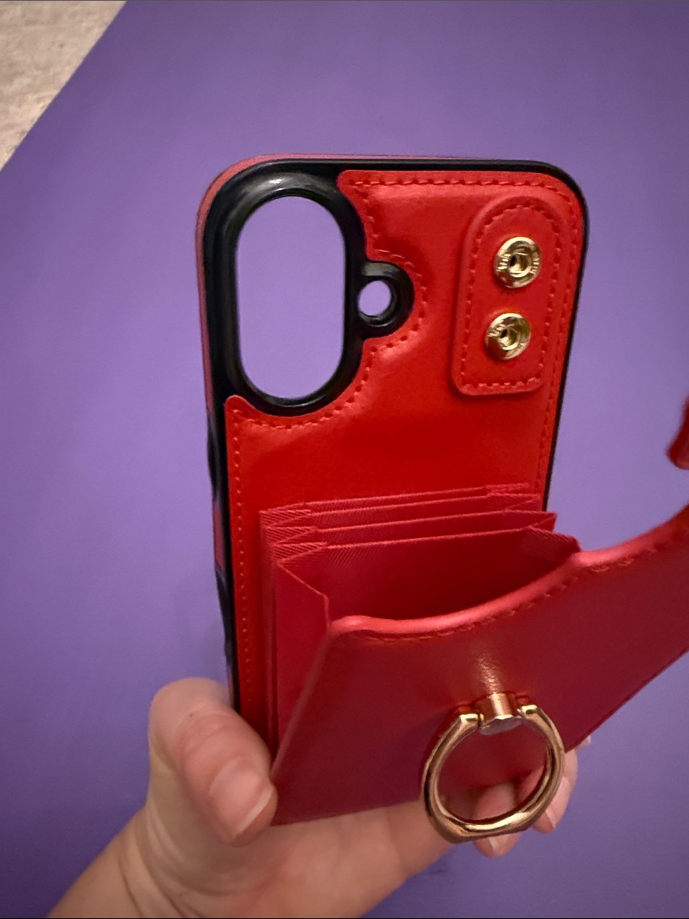 Red Leather Wallet Ring Phone Case for iPhone 16